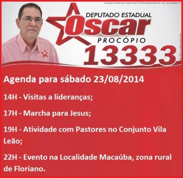 Confira a agenda do candidato Oscar Proc&oacute;pio para este s&aacute;bado (23).(Imagem:Assessoria de Comunica&ccedil;&atilde;o)
