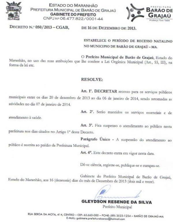 Prefeito Gleydson Resende de Barão de Grajaú decreta recesso natalino.(Imagem:Assessoria de Comunicação)