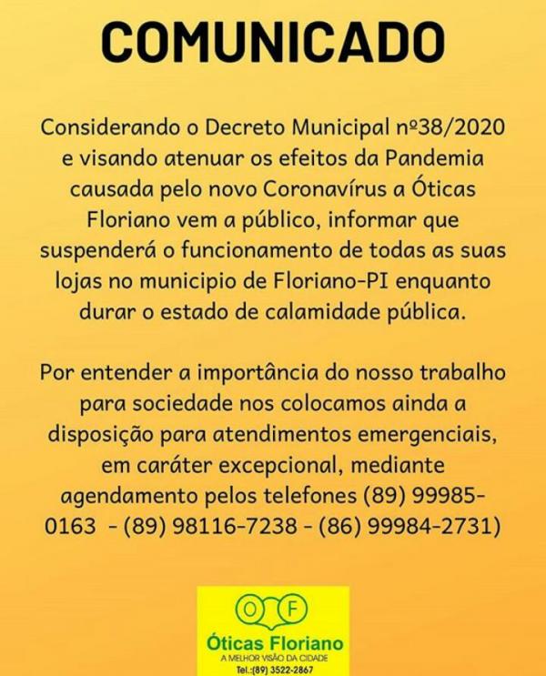 Óticas Floriano suspendem atendimentos(Imagem:Divulgação)
