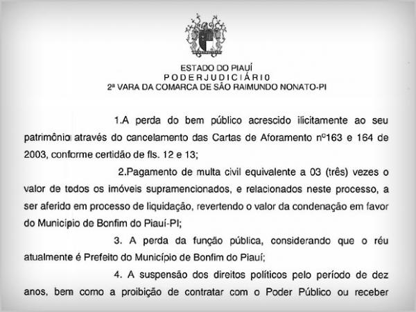 Trecho da decisão em que são estipuladas as penas ao prefeito.(Imagem:Tribunal de Justiça do Piauí)