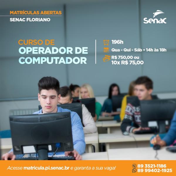 Senac de Floriano está com inscrições abertas para curso de Operador de Computador.(Imagem:Divulgação)