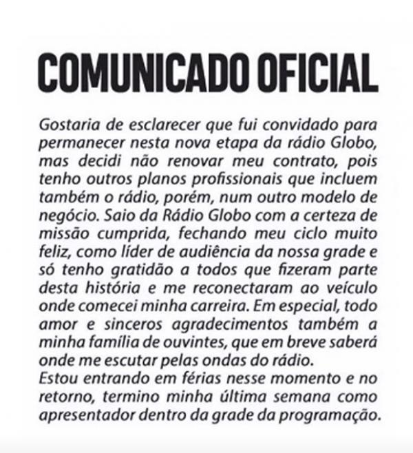 Otaviano Costa confirma desligamento da Rádio Globo.(Imagem: Reprodução/Instagram)
