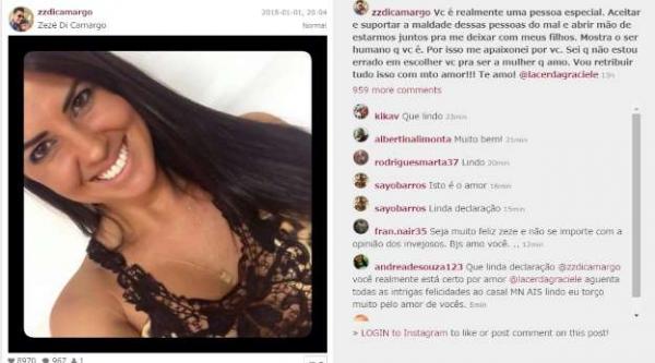 Zezé Di Camargo se declara a Graciele Lacerda após Ano Novo com Zilu: 'Amo'.(Imagem:Reprodução/Instagram)