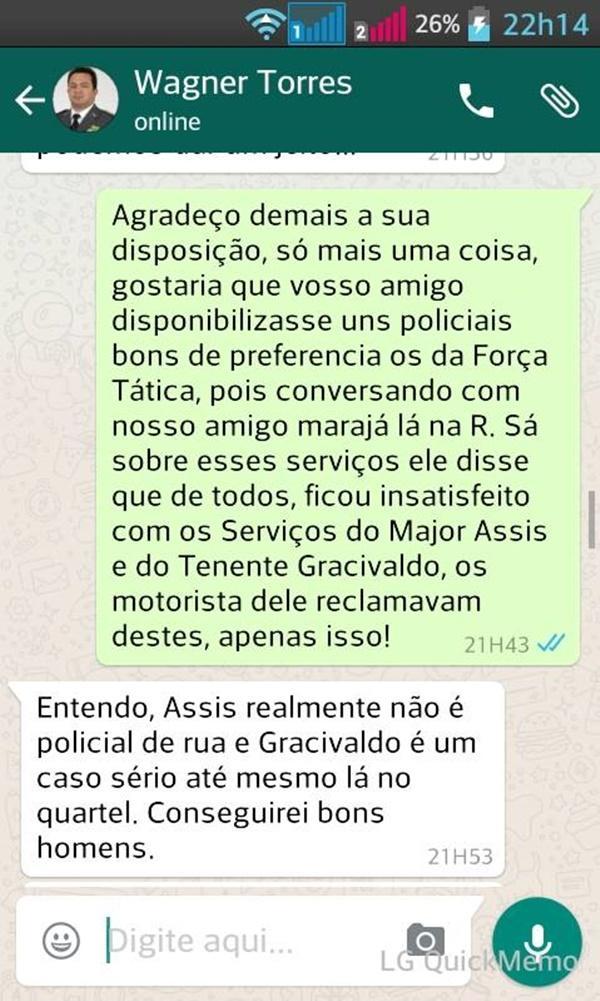 Coronel Wagner Torres nega veracidade de conversa no WhatsApp(Imagem:GP1)