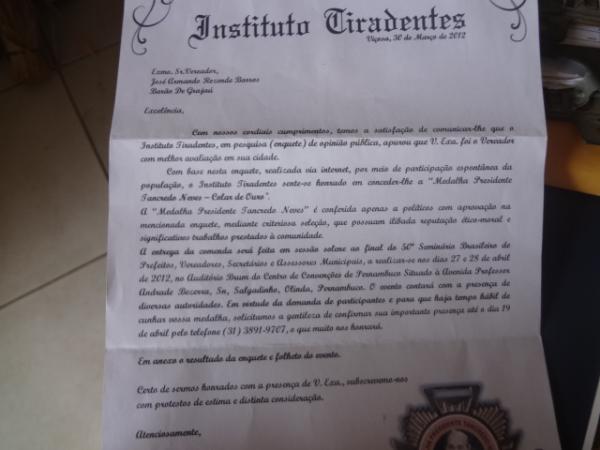 Vereador de Barão de Grajaú recebe homenagem do Instituto Tiradentes.(Imagem:FlorianoNews)
