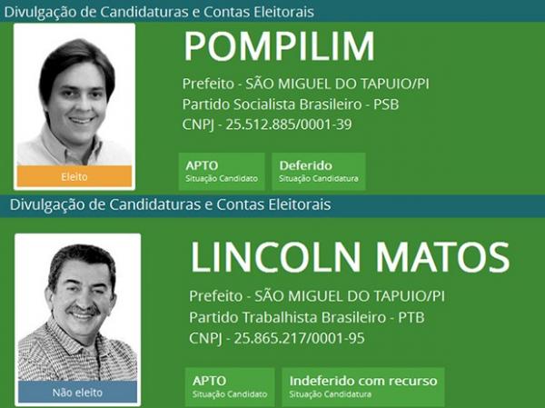 Pompilio Evaristo Filho, segundo mais votado, aparece como prefeito eleito.(Imagem:TSE)