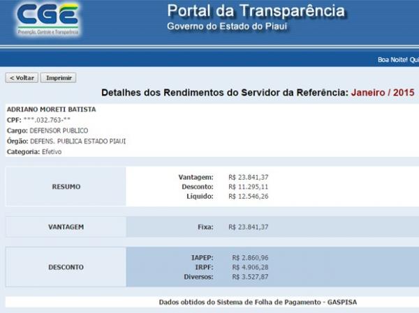 Contracheque do defensor Adriano Moret.(Imagem:Reprodução/folha.transparencia.pi.gov.br/)