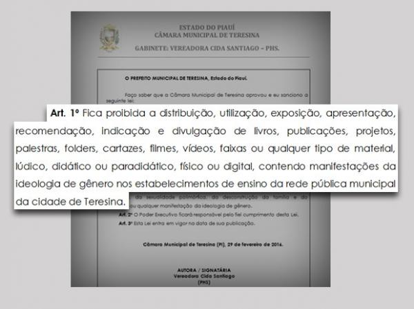 Lei proibe ideologia de gênero em escolas de Teresina.(Imagem:Câmara Municipal)