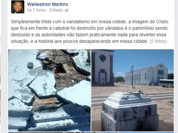 Vandalismo em Oeiras repercutiu nas redes sociais.(Imagem:Reprodução/Facebook)