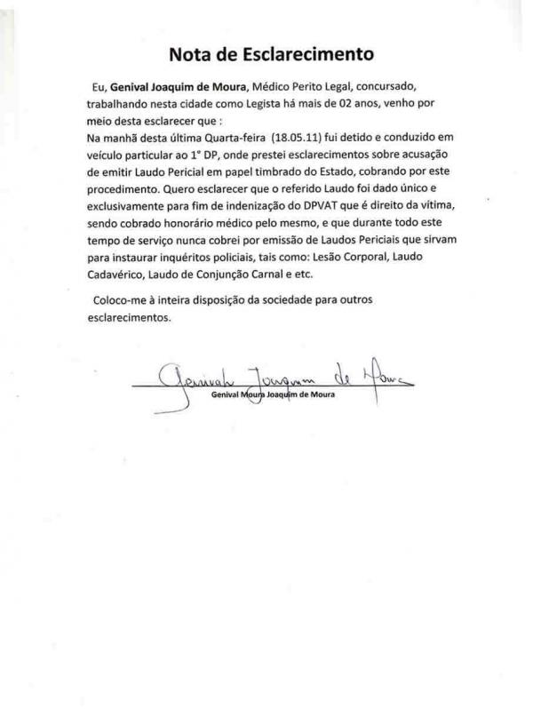 Nota de Esclarecimento Genival Joaquim de Moura(Imagem:Divulgação)