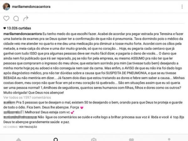 Marília Mendonça se pronuncia em postagem na internet.(Imagem:Reprodução/Instagram)