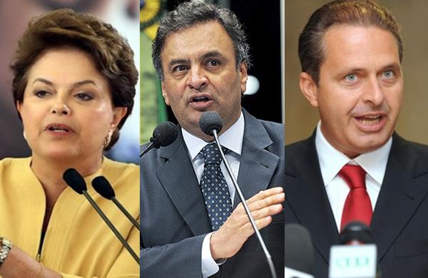 A presidente e candidata è reeleição Dilma Rousseff (PT) e os candidatos Aécio Neves (PSDB) e Eduardo Campos (PSB).(Imagem:Divulgação)