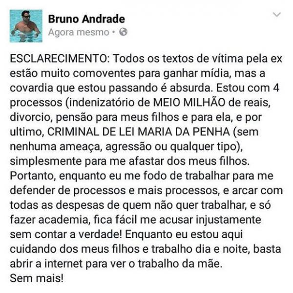 Bruno Andrade, ex-marido de Priscila Pires, em post na web.(Imagem:Reprodução)