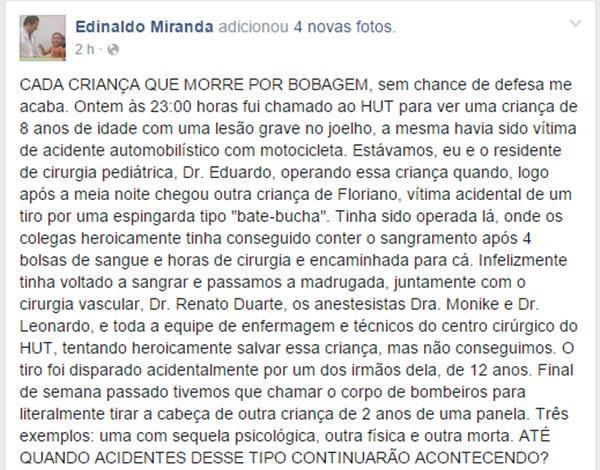 Médico posta caso em rede social.(Imagem:Reprodução/Facebook)