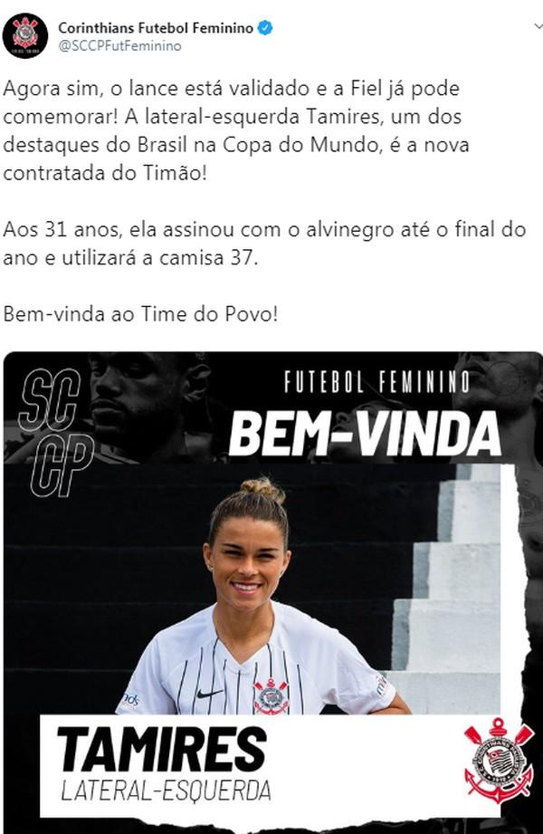Corinthians faz post dando boas-vindas para a jogadora Tamires.(Imagem:Reprodução da Internet)