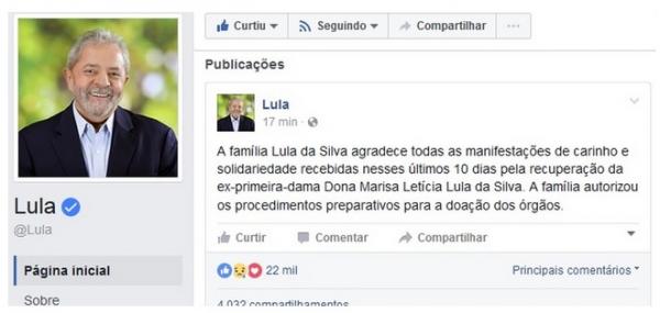  Post no Facebook do ex-presidente Lula sobre o estado de Dona Marisa.(Imagem:Facebook/Reprodução)