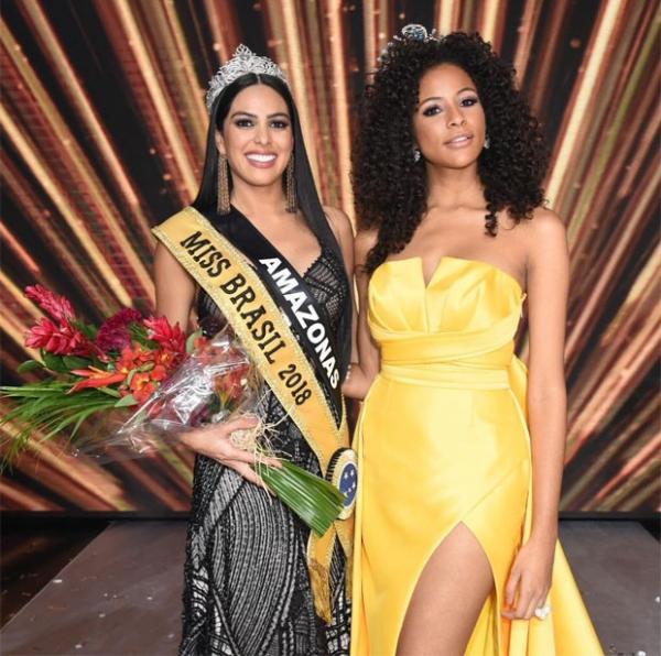 A Miss Amazonas e Miss Brasil 2018, Mayra Dias, e a Miss Brasil 2017, Monalysa Alcântara.(Imagem:Divulgação/Band)