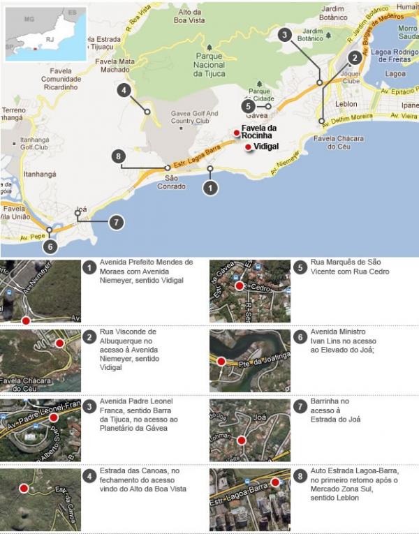 Pontos de bloqueio da Policia Militar - Operação choque de Paz(Imagem:G1/Google Maps)