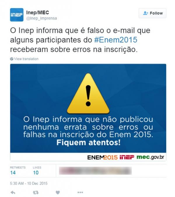 Inep divulga alerta sobre e-mail falso circulando sobre o Enem 2015.(Imagem:Reprodução/Twitter)