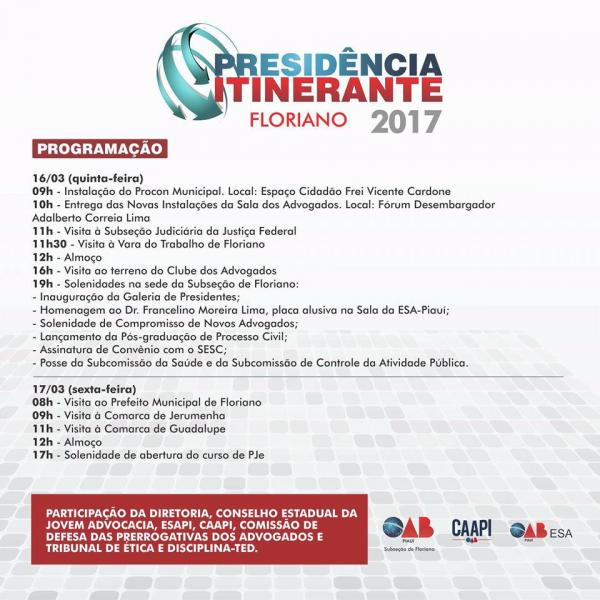 Presidência Itinerante chega nesta semana às cidades de Floriano.(Imagem:Divulgação)