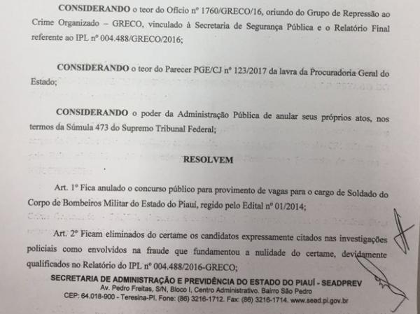 Portaria com anulação do concurso do Corpo de Bombeiros do Piauí.(Imagem:Reprodução)