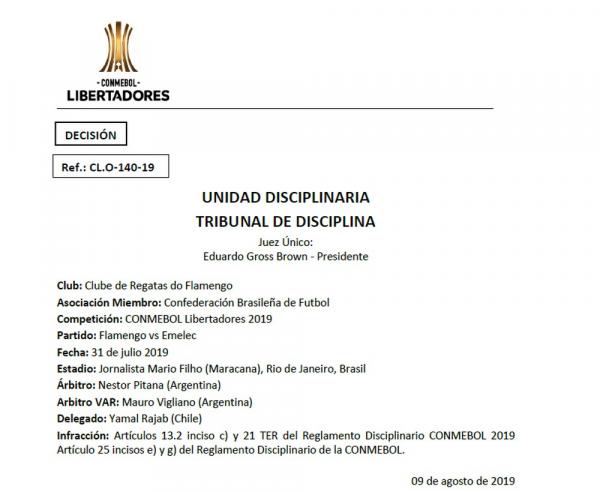 Decisão do comitê disciplinar da Conmebol.(Imagem:Reprodução)