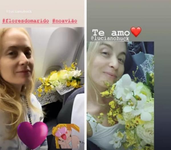 Angélica posa em jatinho com flores que ganhou de Luciano Huck.(Imagem:Instagram/Reprodução)