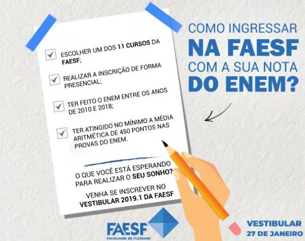 Inscrições para o vestibular 2019.1 da FAESF continuam abertas.(Imagem:Divulgação)