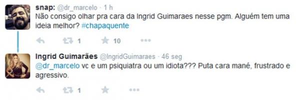 Trecho da discussão em Ingrid Guimarães e ex-BBB Marcelo Arantes.(Imagem:Twitter/Reprodução)
