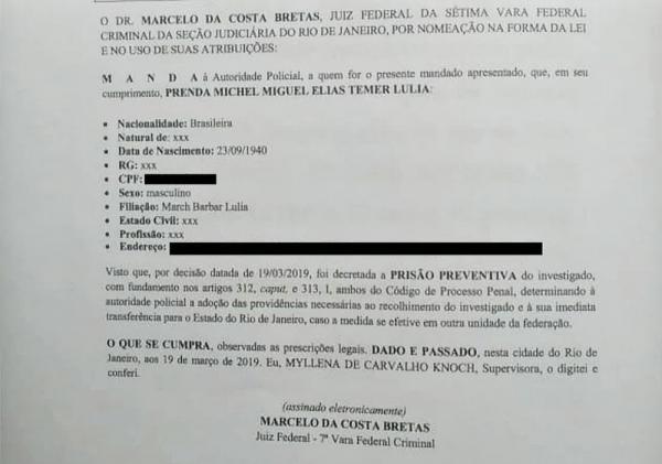 Mandado de prisão contra Michel Temer foi assinado pelo juiz Marcelo Bretas na terça-feira (19).(Imagem:Reprodução/GloboNews)