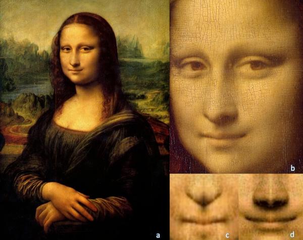 A: A Mona Lisa de Leonardo da Vinci (Museu do Louvre, Paris). B: O rosto de Mona Lisa C: Imagem quimérica do lado esquerdo do sorriso de Mona Lisa. D: Imagem quimérica do lado dire(Imagem:Università la Sapienza)