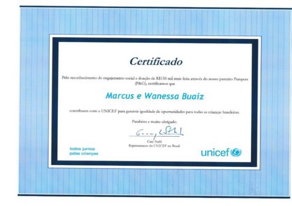 Certificado da doação do casal Wanessa e Marcus Buaiz ao Unicef.(Imagem:Reprodução)