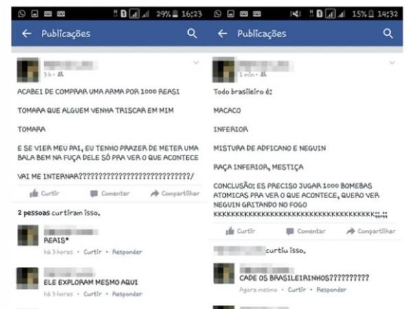 Delegado coletou prints de postagens racistas feitas pelo suspeito.(Imagem:Reprodução/Facebook)