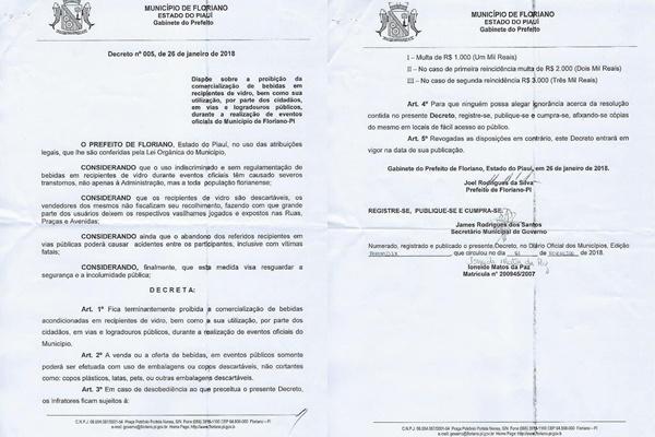 Decreto proíbe venda de bebidas em recipientes de vidro durante carnaval de Floriano.(Imagem:Reprodução)