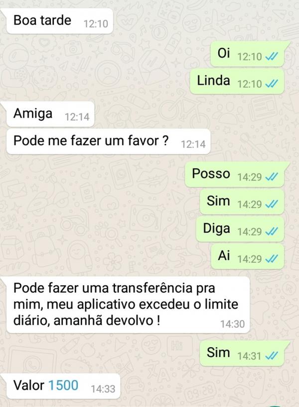 Criminosos invadem Whatsapp de secretária de saúde no PI e pedem dinheiro para contatos da vítima.(Imagem:Reprodução/WhatsApp)