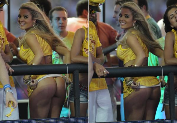 De bumbum de fora, Aryane Steinkopf faz alegria dos marmanjos.(Imagem:Francisco Cepeda e Wesley Costa/AgNews )