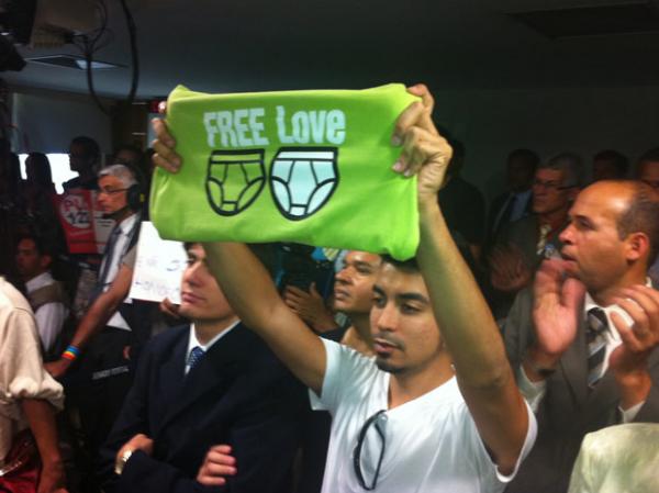 Manifestante segura cartaz durante discussão de projeto que criminaliza a homofobia.(Imagem:Lucas Cyrino / G1)