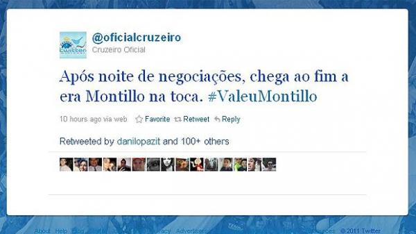 Twitter oficial do Cruzeiro foi invadido e colocou Montillo fora do clube mineiro.(Imagem:Reprodução / Twitter)