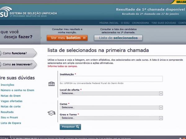 Reprodução da tela do Sisu; resultados já podem ser consultados pelo site(Imagem:Divulgação)