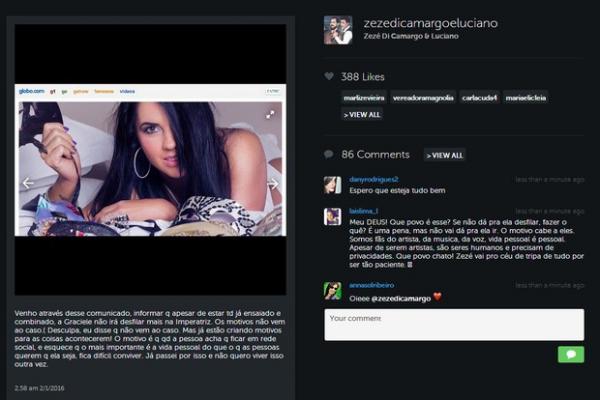 Zezé Di Camargo informa que Graciele está fora do carnaval.(Imagem:Reprodução/Instagram)