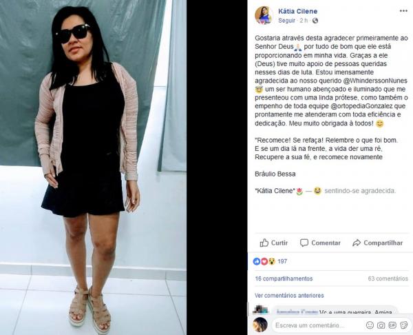 Kátia Cilene agradeceu youtuber pela prótese em postagem na rede social.(Imagem:Reprodução/Facebook)