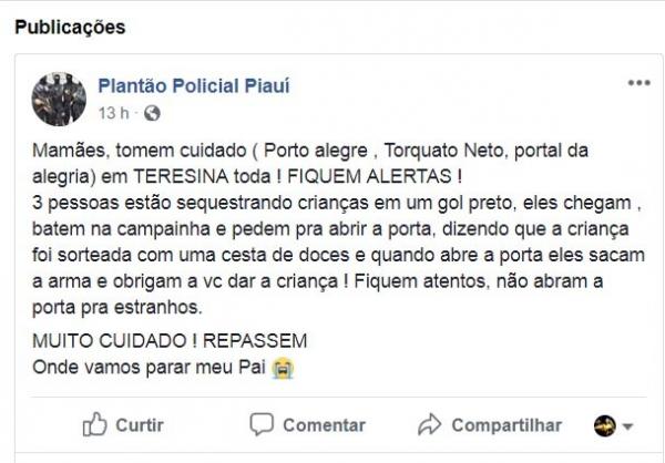 Polícia desmente boatos de sequestro de crianças e pede cuidado com fake news.(Imagem:Reprodução)