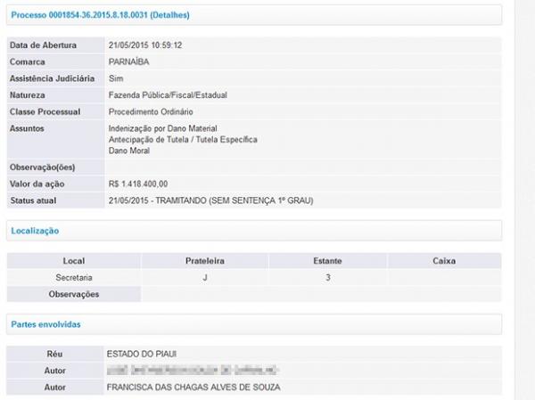 Estado do Piauí consta como réu no sistema do TJ-Piauí.(Imagem:reprodução/tjpi.jus.br)