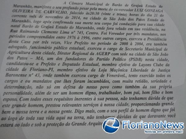 Câmara de Barão de Grajaú faz Moção de Pesar aos familiares de Gonzaga Carvalho.(Imagem:FlorianoNews)