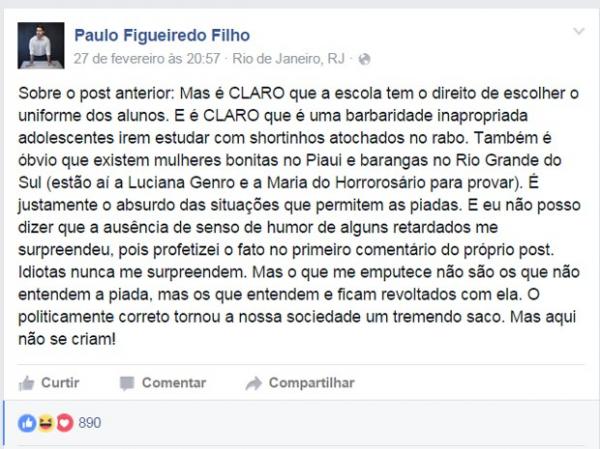 Paulo fez nova postagem explicando que texto que citou mulheres do PIau era uma brincadeira.(Imagem:Reprodução/TV Clube)