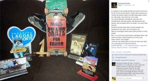 Skatista exibe conquistas e faz despedida do esporte nas redes sociais.(Imagem:Reprodução/Facebook)