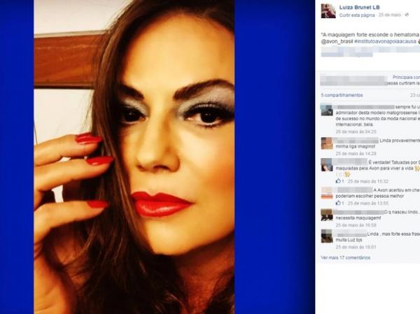 Luiza Brunet apoia causa do Instituto Avon contra a violência doméstica em sua página no Facebook, dias depois de suposta agressão.(Imagem:Reprodução/Facebook)