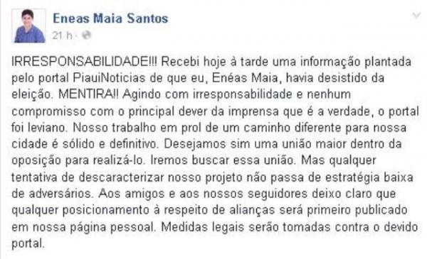 Enéas Maia desmente boato sobre desistência de candidatura a prefeito de Floriano.(Imagem:Reprodução/Facebook)