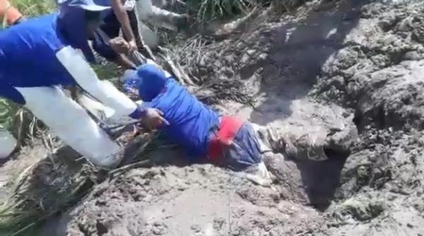 Homem fica preso em poça de lama dentro de canavial no Piauí.(Imagem:Reprodução)