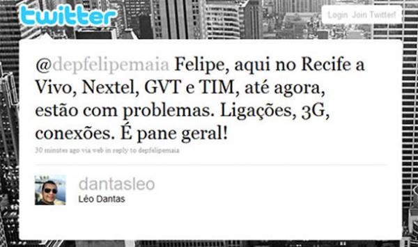 Problema afeta clientes da operadora Tim no Estado, mas é sentido também no Ceará e em Pernambuco.(Imagem:Twitter)